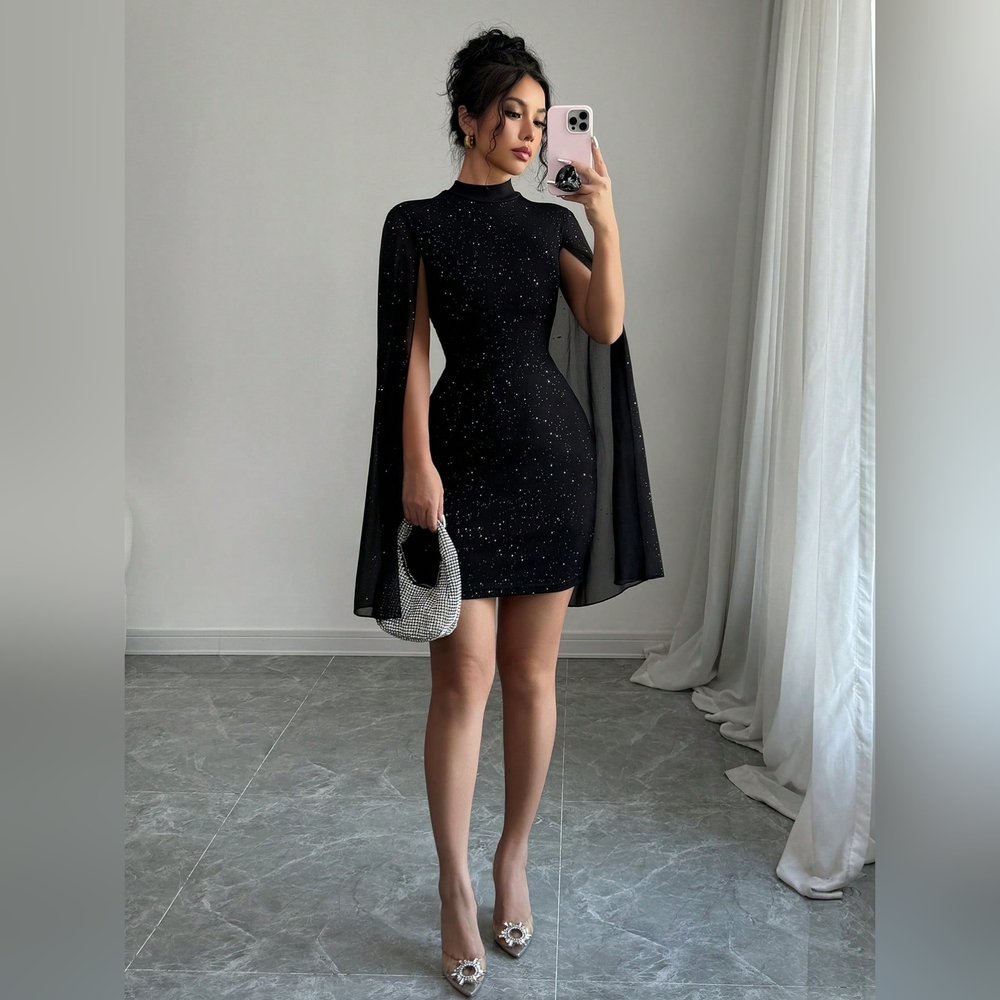 Women's Glitter Print Gorgeous Stand Collar Lantern Sleeve Bodycon Dress - Picture 6 of 7